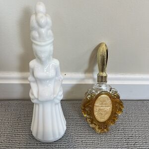 VTG Victorian Lady Milk Glass Occur Foaming Bath Oil & Looking Glass Cologne 90%